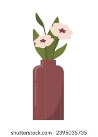 Flowers in vase concept. Bouquet of plants in red jug. Romantic present and gift. Beauty and elegance. Template and layout. Cartoon flat vector illustration isolated on white background