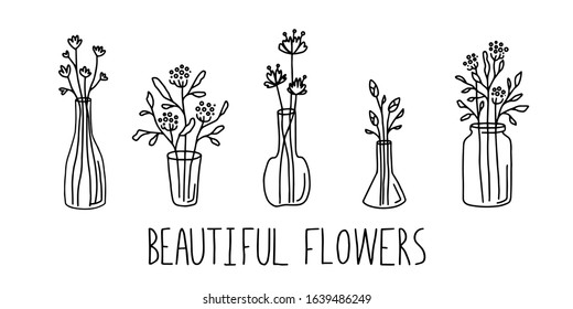 Flowers in a vase contour set. Simple doodle style for postcards, notebooks, stickers, design. Black and white. Graceful, lovely flowers, a decorative element. Vector stock illustration.