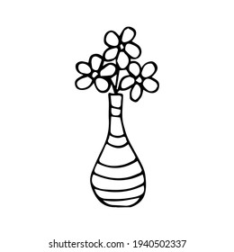 Flores en una ilustración vectorial de contorno de jarrón. Bouquet de flores Estilo simple de garabato para postales, cuadernos, pegatinas, diseño. 