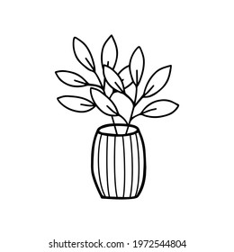 Flowers in a vase doodle hand drawn outline icon or symbol. Decorative flowers house plant sketch. Isolated vector illustration