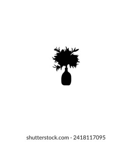 Flowers in vase doodle illustration with bouquet of flowers. Beautiful hand drawn line art about indoor plants. Editable stroke. Set of sketch vase silhouettes