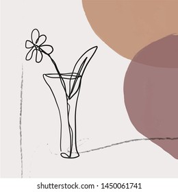 Flowers in a vase drawn by one continuous line on an abstract background. Creative collage vector.  