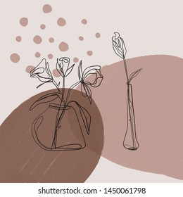 Flowers in a vase drawn by one continuous line on an abstract background. Creative collage vector.  