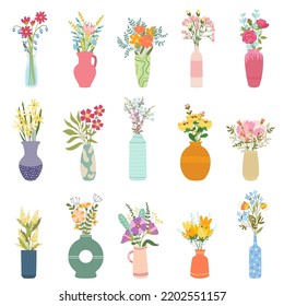 Flowers in vase. Elegant bouquets, bunch of blooming garden plants in decorative vases vector set of vase bouquet flower blossom illustration