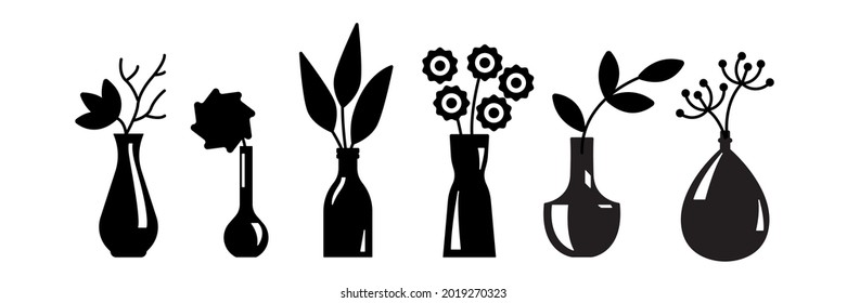 Blumen in der Vase Silhouette. Einfach Formen. Elemente der Inneneinrichtung, Dekoration für Design. Vektorgrafik einzeln auf weißem Hintergrund