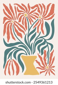 Flowers vase framed Minimal Art Print Hand drawn leaves shapes matisse style, naive art, contemporary backgrounds. Plant vector illustration