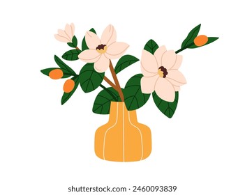 Flowers in vase. Garden floral bouquet, blooming bunch. Beautiful blossomed plant arrangement, elegant delicate natural magnolia decoration. Flat vector illustration isolated on white background