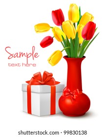 Flowers in vase and gift box with ribbons. Holiday background. Vector.