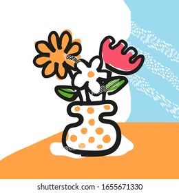 Flowers in vase. Hand drawn style trendy illustration. Simple line art vector illustration. Flowers poster,card,print design concept