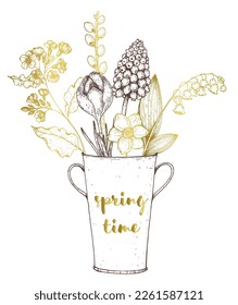 Flowers in vase hand drawn vector illustration. Floral composition. Bouquet with flowers and plants.
