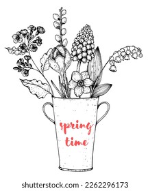Flowers in vase hand drawn vector illustration. Floral composition. Bouquet with flowers and plants.