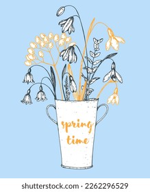 Flowers in vase hand drawn vector illustration. Floral composition. Bouquet with flowers and plants.