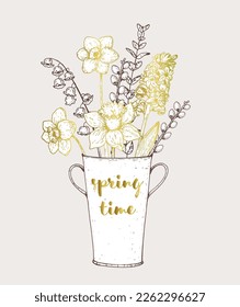 Flowers in vase hand drawn vector illustration. Floral composition. Bouquet with flowers and plants.