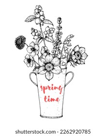 Flowers in vase hand drawn vector illustration. Floral composition. Bouquet with flowers and plants.