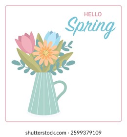 Flowers in a vase. Hello spring. Vector flat illustration.