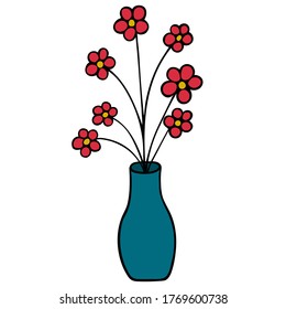 Flowers in a vase. Interior design with plants. Color vector illustration. Isolated white background. Cartoon style. Illustration idea for web design, sticker. Summer mood. Lush bouquet. 
 Flowers.