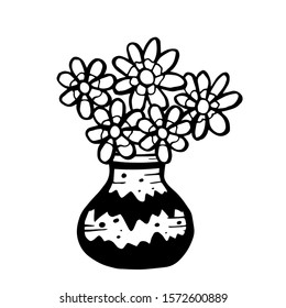 Flowers in a vase isolated on white background. Hand drawn doodle vector sketch. Coloring page, Coloring book. Contour. Stylized daisies in a vase for greeting cards, posters, design.