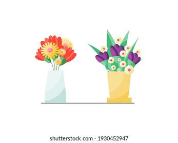 Flowers in a vase isolated on white background. Flat cartoon style vector illustration.