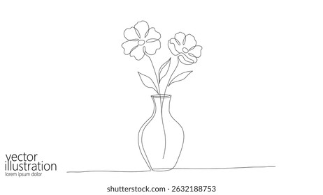 Flowers in vase line art. Continuous outline floral arrangement minimalist design. Wedding invitation decoration card print art. Simple stroke white background vector