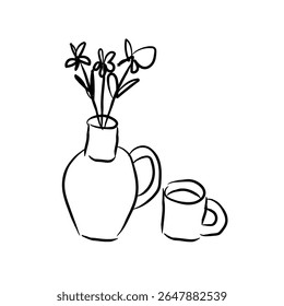 Flowers in Vase Minimalist Hand Drawn Style. Cute Ditsy Flowers Art. Botanical Design of Pretty Floral Drawings. Vector Flower Line Drawing Illustration for Modern Design. Not AI