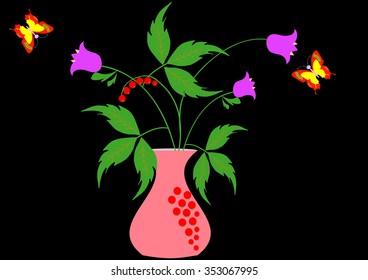 Flowers in a vase on a black background and butterflies