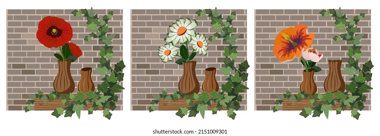 Flowers in vase on brick wall  background with ivy leaves. Daisy, poppy flowers, soft colors, vector illustration