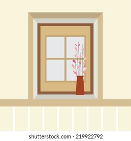 Flowers In Vase On The Windowsill Vector Illustration