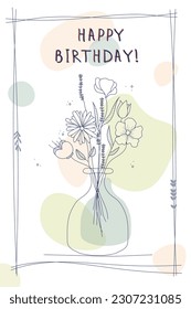 Flowers in a vase outline. Hand drawn vector illustration. Minimalistic happy birthday greeting card or background in watercolor tones