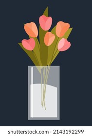 Flowers in vase. Pink plants in unusual glass jar. Modern and minimalistic decor elements, romantic gift for loved one on Valentines Day. Comfort and coziness. Cartoon flat vector illustration