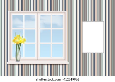 Flowers in a vase. Room,  wallpaper. Frame for text