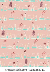 Flowers in vase seamless pattern over pink. Vector illustration