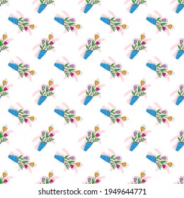 Flowers in a vase. Seamless pattern for simple backgrounds, textures, and packaging. Flat design.