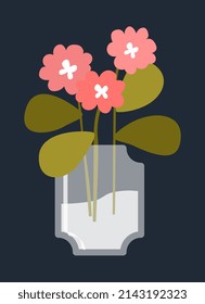 Flowers in vase. Set of beautiful pink plants. Stylish interior elements, decorations for apartments and houses. Spring or summer season, romantic present for women. Cartoon flat vector illustration