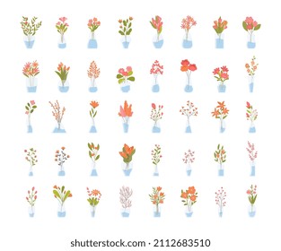 Flowers in vase set. Collection of bouquets, stickers for social networks and icons for website. Greenery, nature and floristry. Cartoon flat vector illustrations isolated on white background