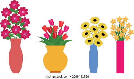 Flowers in a vase. Set of different flowers in vases