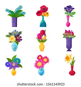 Flowers in vase vector beautiful floral bouquet decor and fresh spring blossom bunch. Illustration flowering set of beautiful tulips, roses in water-glass for decoration isolated on white background.