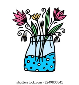 Flowers in a vase vector icon. Hand drawn simple doodle isolated on white. Wildflowers in a glass jar with water. Meadow and garden herbs, pink tulips, daisies. Cartoon clipart for cards, stickers