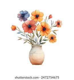 flowers in vase vector illustration in watercolor style