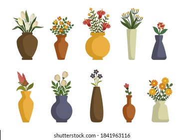 Flowers in vases, arrangements decorations for home, office. Bouquets for weddings, birthday parties decor. Vector flat style cartoon flowers illustration isolated on white background