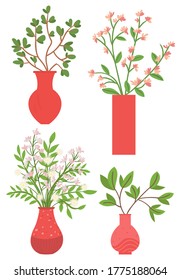 Flowers in vases, floral decor for home flat style flourishing on branches, plant with frondage, tender and elegant design, container interior. Isolated flowerpot with blooming plant . Vector in flat