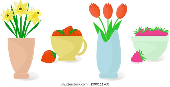 Flowers in vases. Flower pots icons.Narcissus, tulips, raspberry, strawberry.