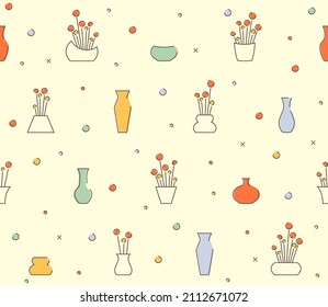 Flowers in vases and flower vases, seamless vector background.