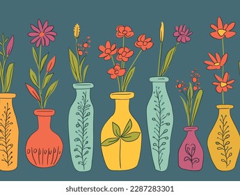 Flowers in vases. Hand drawn vector illustration in vintage style.