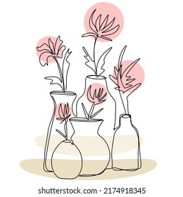 Flowers in vases line art vector. Hand drawn floral decoration set. Plant outline in vases for room decor isolated illustration