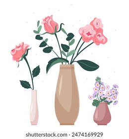 Flowers in vases, pots of various shapes, home interior. Scandinavian style. Flat vector illustration