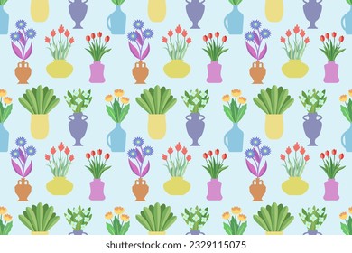 flowers in a vases seamless pattern. Endless repeating pattern with bouquets in different vases.