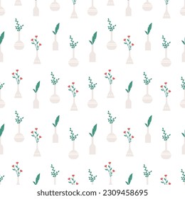 Flowers in vases seamless pattern. Floral elements, bouquets with flower and green branches. Decorative fabric fashion print, vector decor texture