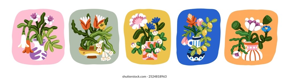 Flowers in vases set. Blossoms, fancy floral bouquets. Creative botanical natural compositions. Fantasy blooms, garden plants in pots. Modern flat vector illustration isolated on white background