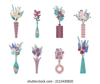 Flowers in vases vector set. Flat collection of trendy boho ceramic  jugs and vases with bouquets of flowers. Interior design elements isolated.