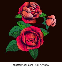 Flowers Vector. A branch of roses with leaves, flowers and buds. Collage of flowers and leaves on a on white background . Use printed materials, signs, items, websites, maps.